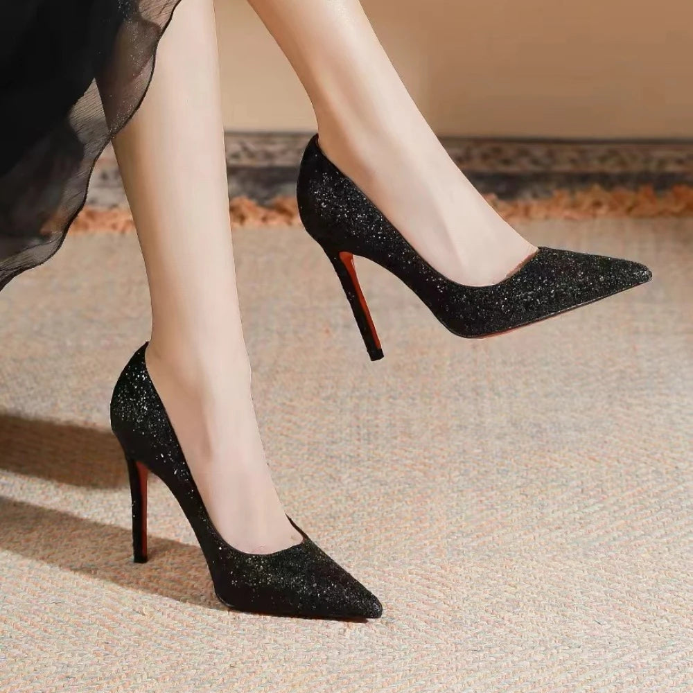 Sexy Black High Heels for Women Stiletto Pointed Black High Heels Shiny Pumps 2025 Spring/autumn Fashion Elegant Women's Shoes