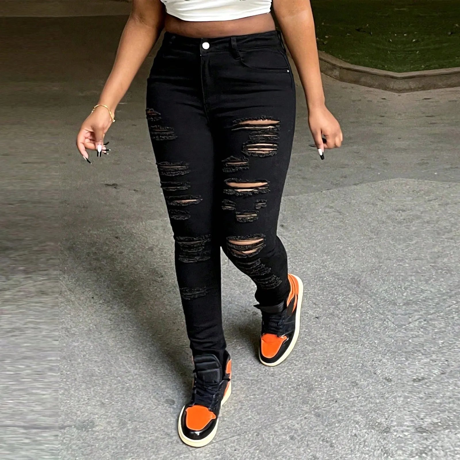 Black Ripped Jeans For Women Fashion High Waist Denim Pencil Pants Stretch Slim Skinny Trousers Machine Washable Skinny Jeans