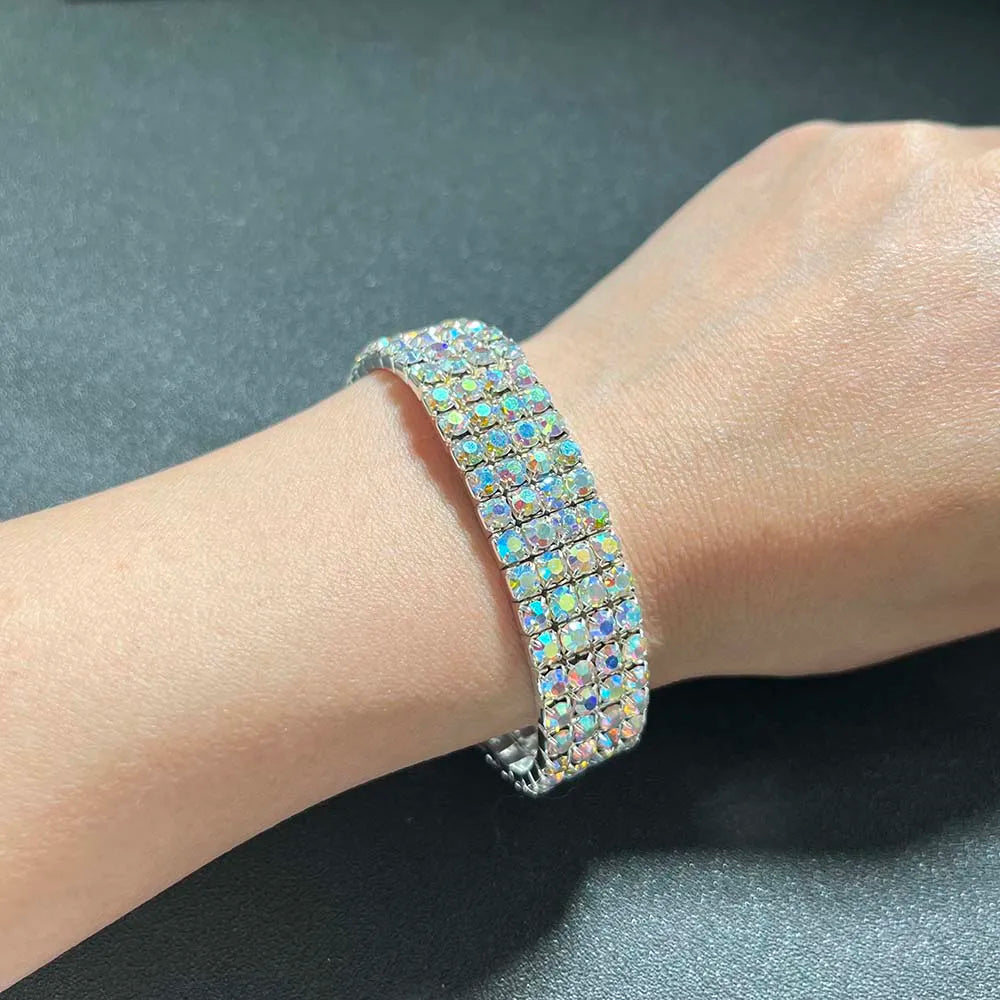 BLIJERY Luxury AB Crystal Elastic Bracelets for Women Bling Iced Out Rhinestone Bracelet Bangle Bridal Wedding Jewelry Accessory