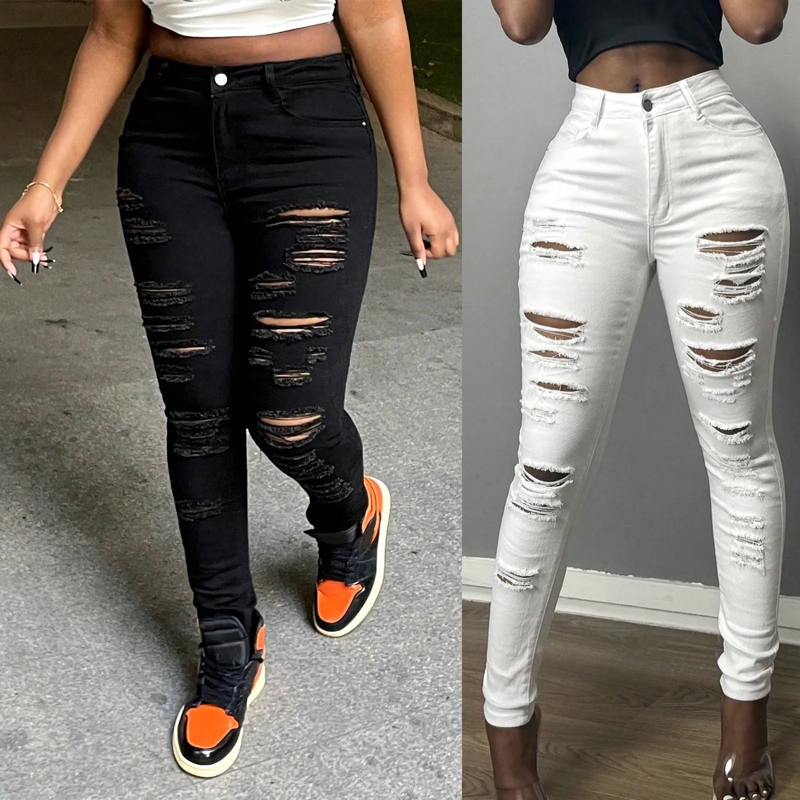 Black Ripped Jeans For Women Fashion High Waist Denim Pencil Pants Stretch Slim Skinny Trousers Machine Washable Skinny Jeans