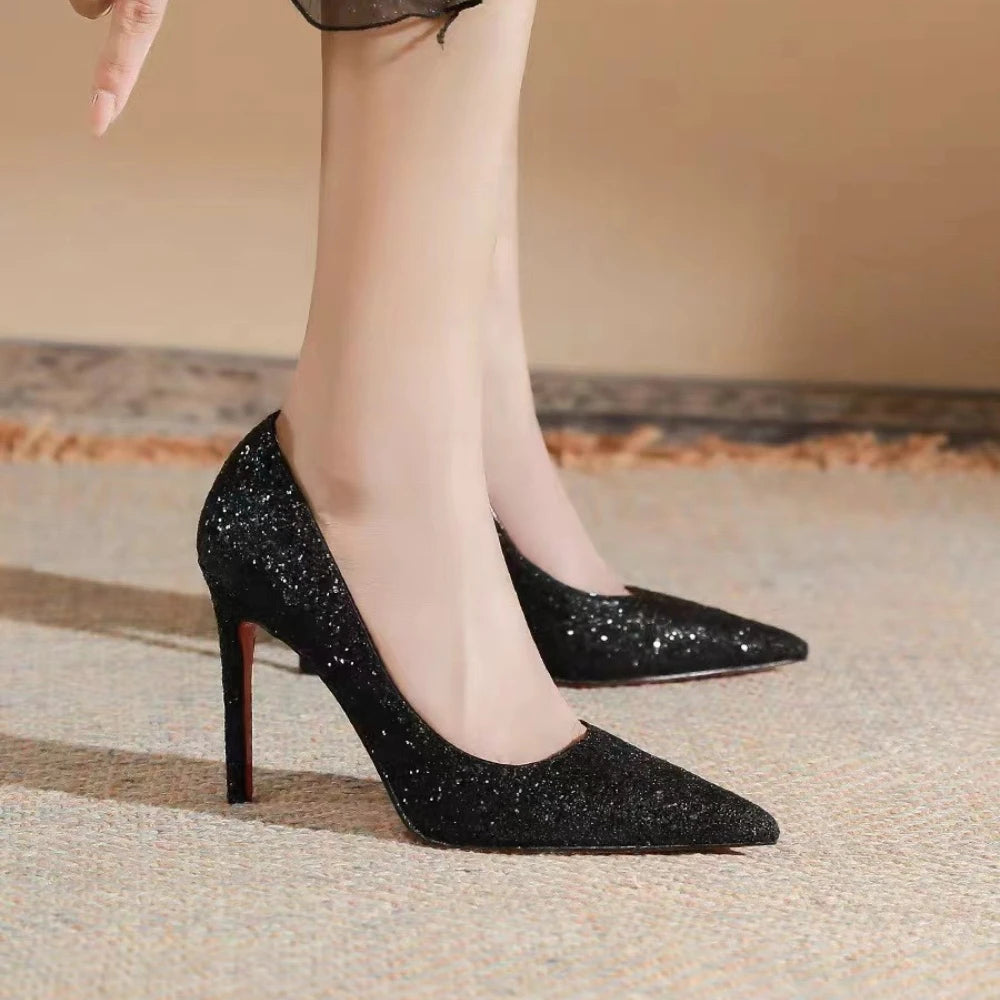Sexy Black High Heels for Women Stiletto Pointed Black High Heels Shiny Pumps 2025 Spring/autumn Fashion Elegant Women's Shoes