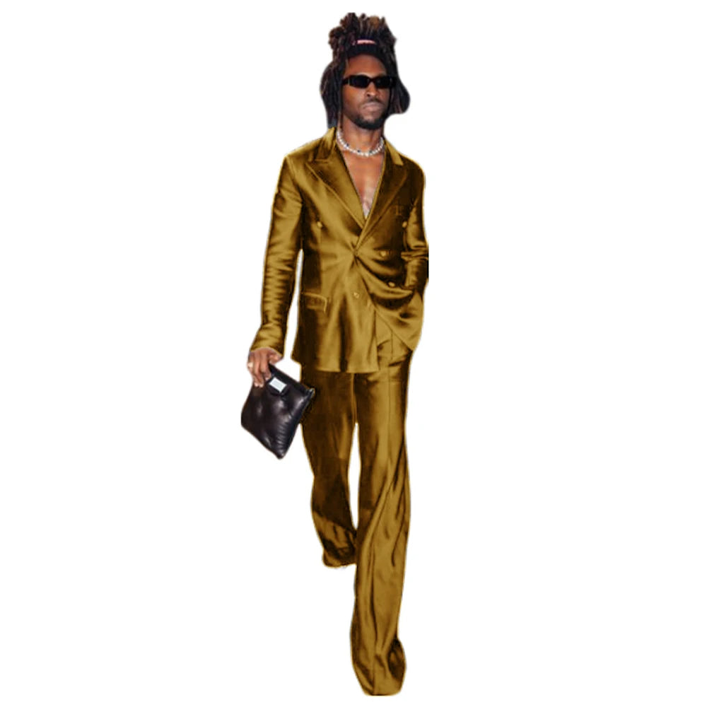 Men's Suit Satin Men Costume Luxurious Double Breasted Complete 2 Pieces Suit Peaked Lapel Jackets Dancing Party Fashion